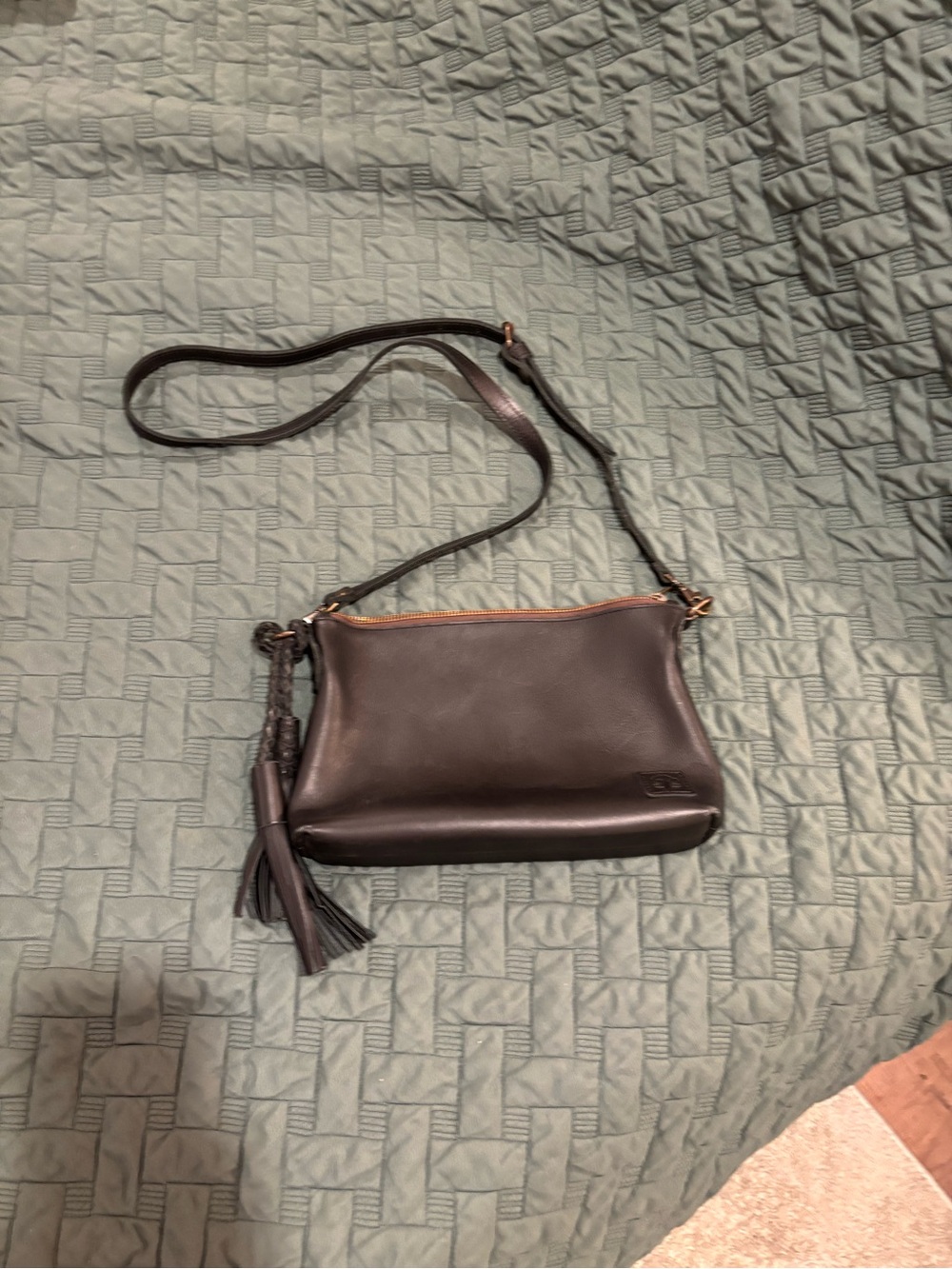 Oak River Company Leather Crossbody Bag with Tassel - Black